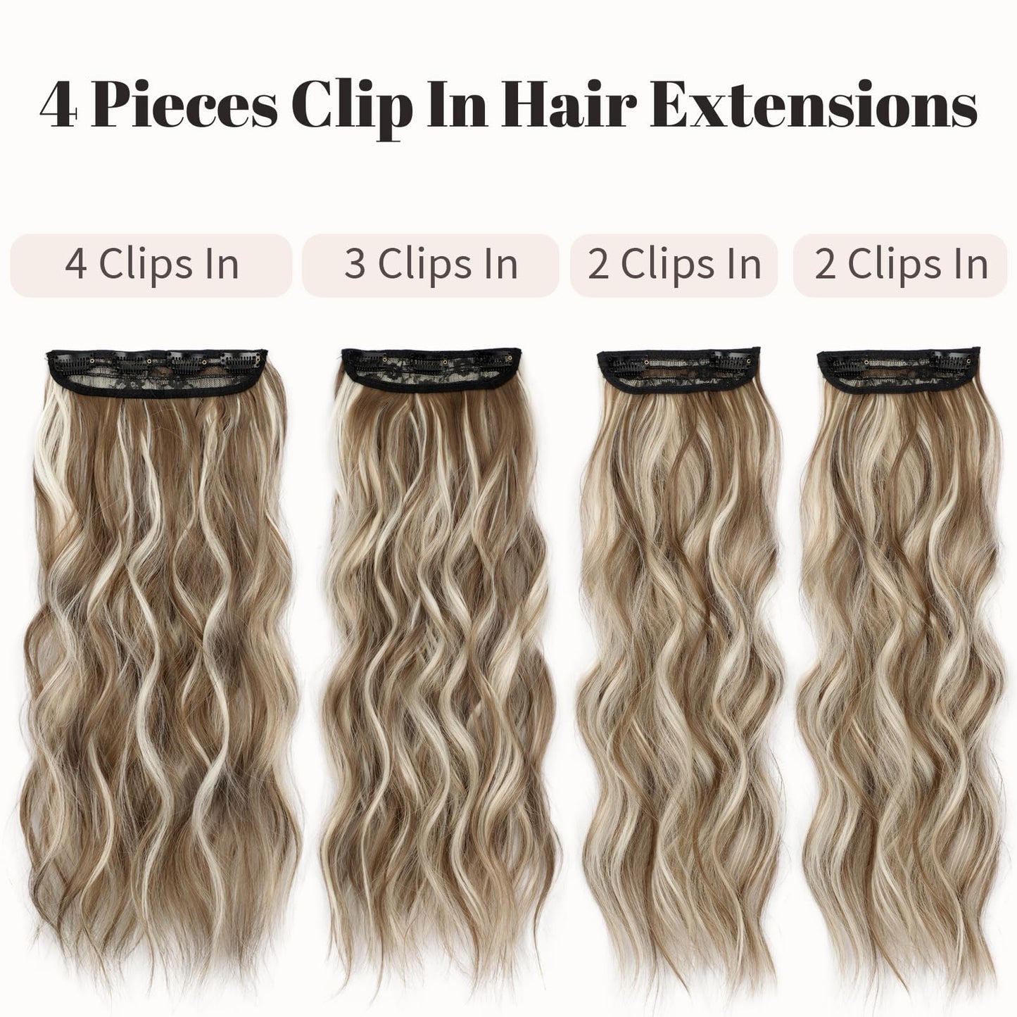 KooKaStyle Clip in Synthetic Hair Extensions Long Wavy 4PCS Thick Hairpieces Brown mix Ash Blonde P10/88 Fiber Double Weft Natural Hair Extensions 20 Inch for Women