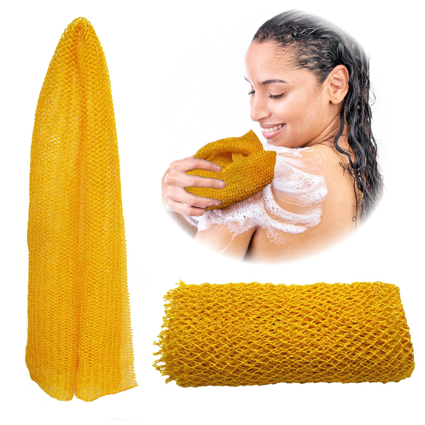 Adeton Sapo African Net Sponge, Authentic, Real, Exfoliating Bath Wash Cloth, Body Exfoliator, Long Sponge, Real, Shower Bath Accessories, Back Foot Scalp Scrub, Flat Dead Skin Remover (Golden Yellow)