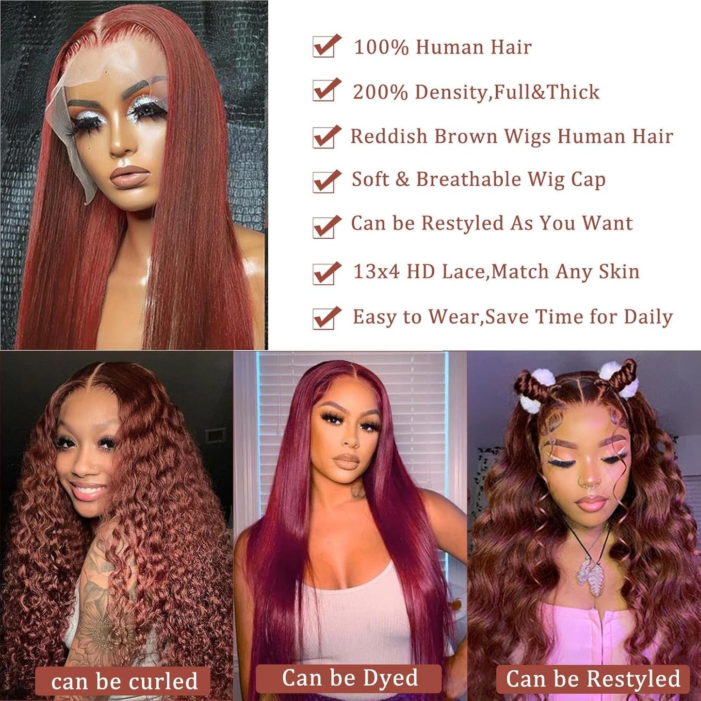 250 Density Straight Lace Front Wigs Human Hair Pre Plucked 13x4 HD Transparent Lace Front Wigs Human Hair for Women Reddish Brown Lace Front Wigs HumanHair 33# Colored Brazilian Human Hair Wig 30Inch