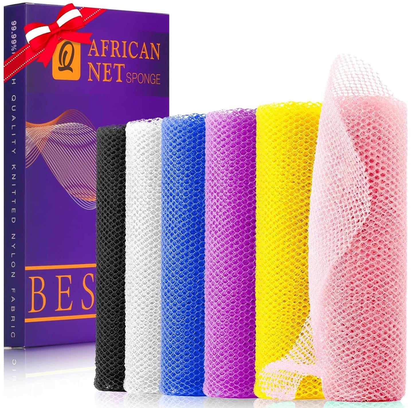 6 Pieces African Bath Sponge African Net Long Net Bath Sponge Exfoliating Shower Body Scrubber Back Scrubber Skin Smoother,Great for Daily Use (Pink, Yellow, Purple, Blue, Black, Off-White)