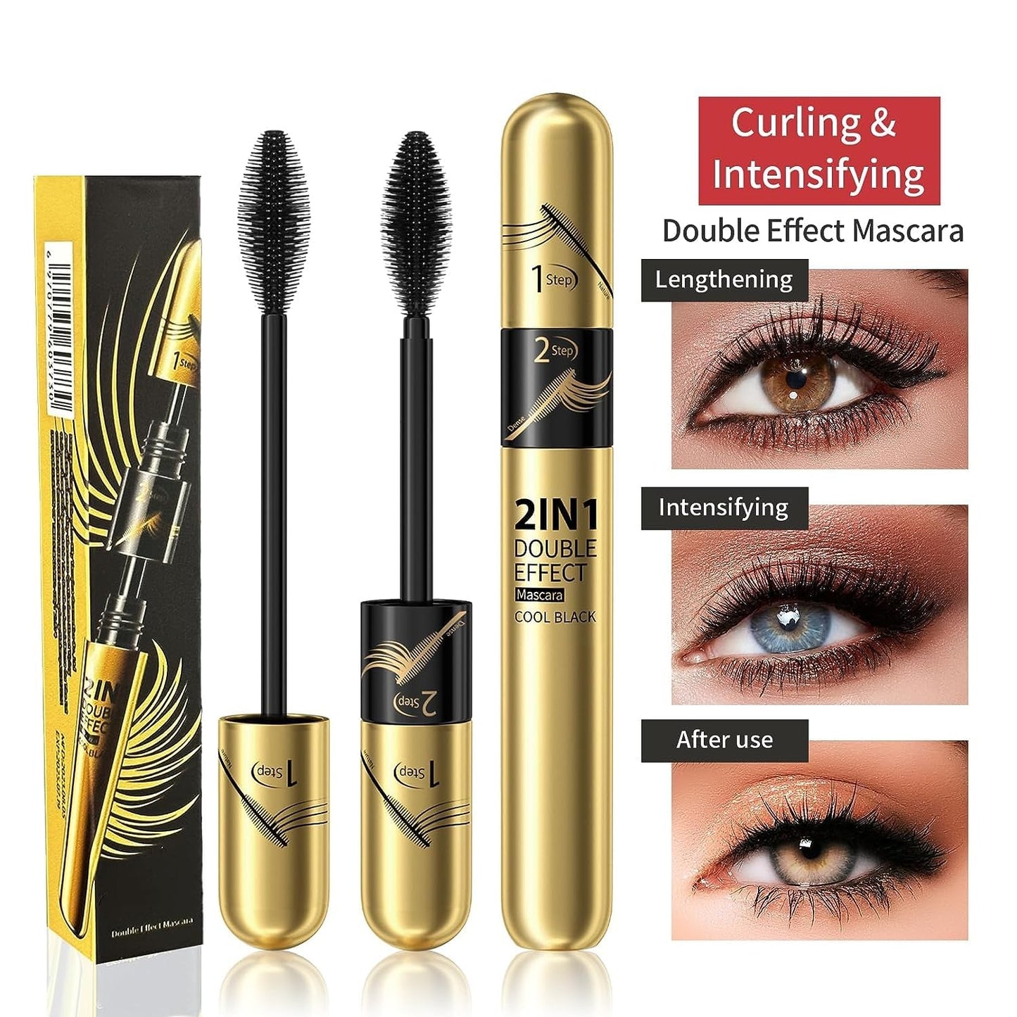 2 in 1 Double Black 4D tubing Mascara Volume and Length, Silk Fiber Lash Liquid Extension 5X Longer, Smudge Proof Waterproof and Sweat Resistant Fuller Mascara (Gold & Green)