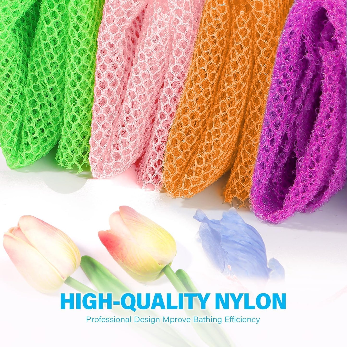 4 Pieces African Net Sponge African Net Long Net Bath Sponge Exfoliating Shower Body Scrubber Back Scrubber Skin Smoother,Great for Daily Use (Purple, Orange, Green, Pink)