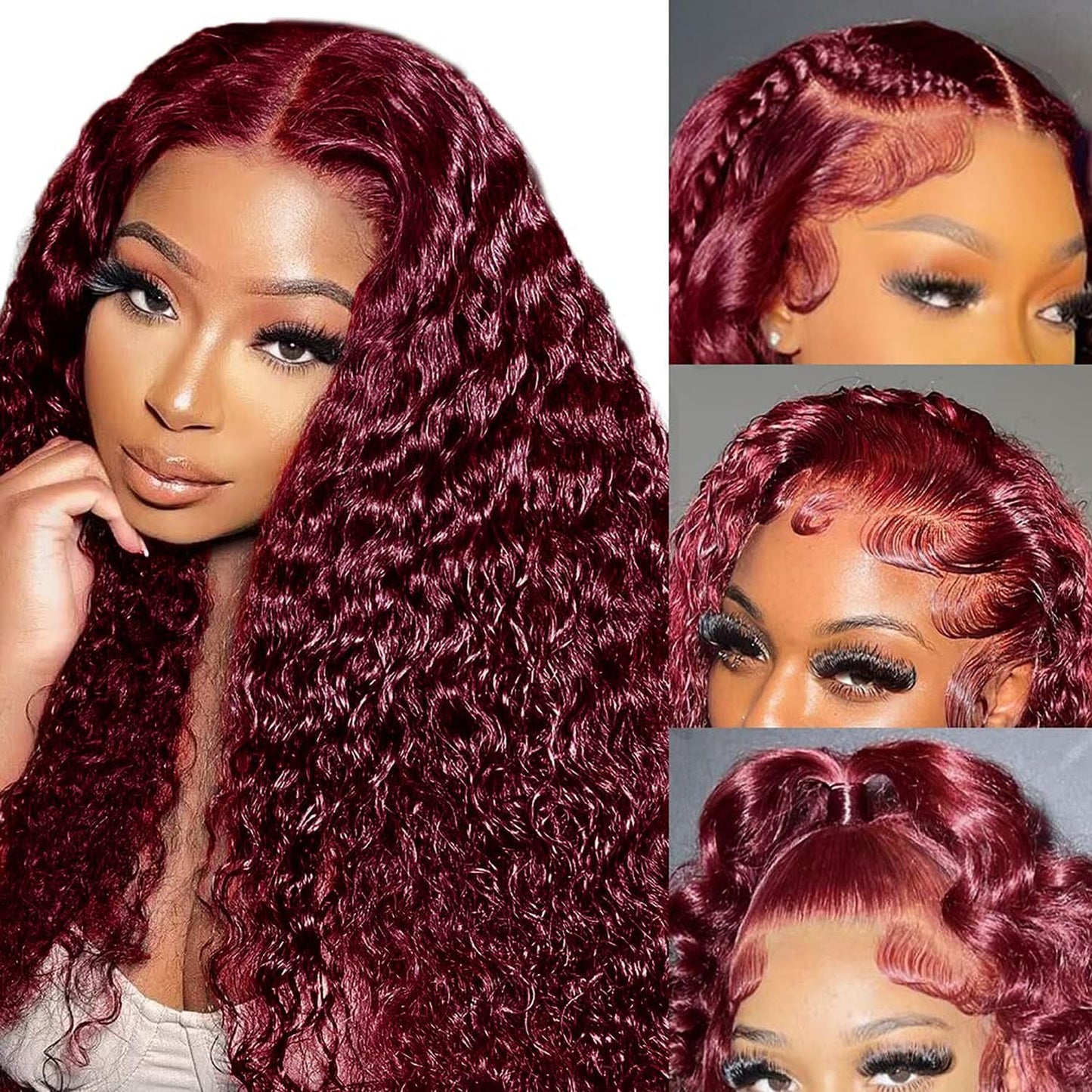 99j Burgundy 13x5 Deep Wave HD Lace Front Wigs Human Hair Pre Plucked Colored Curly Human Hair Wig Glueless Deep Curly Lace Frontal Wigs Red Human Hair Wigs for Women 180% Density (24 Inch)