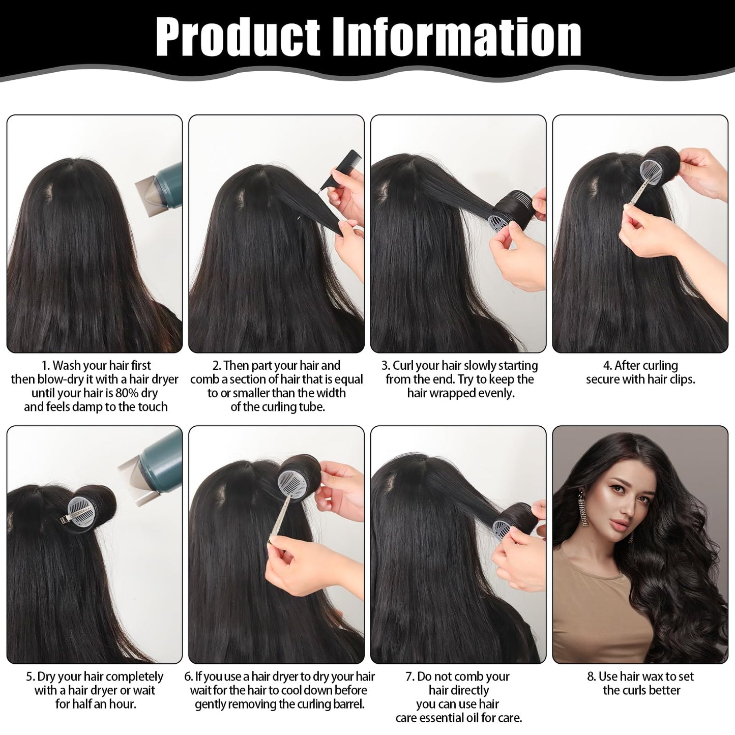 4 Sizes Self-Grip Hair Rollers Set - 50 Pcs Jumbo Curlers for Long, Short Hair and Bangs (25mm, 36mm, 48mm, 60mm) With Clips, Black