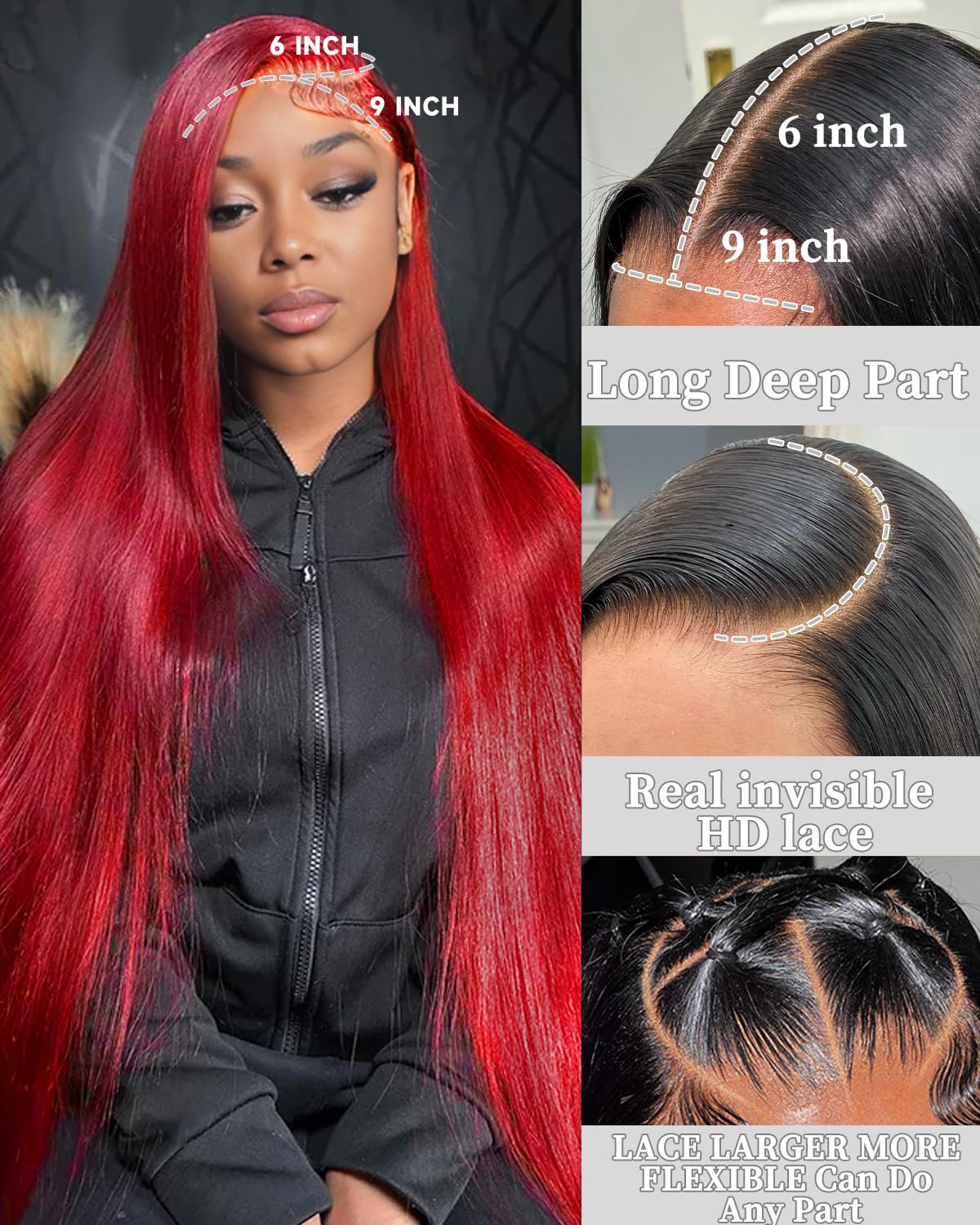 GUDOZO Glueless Wigs Human Hair For Black Women 9x6 HD Burgundy Lace Front Wigs Human Hair Frontal Wigs Human Hair Glueless Wigs Human Hair Pre Plucked Pre Cut Straight 200 Density 16 Inch