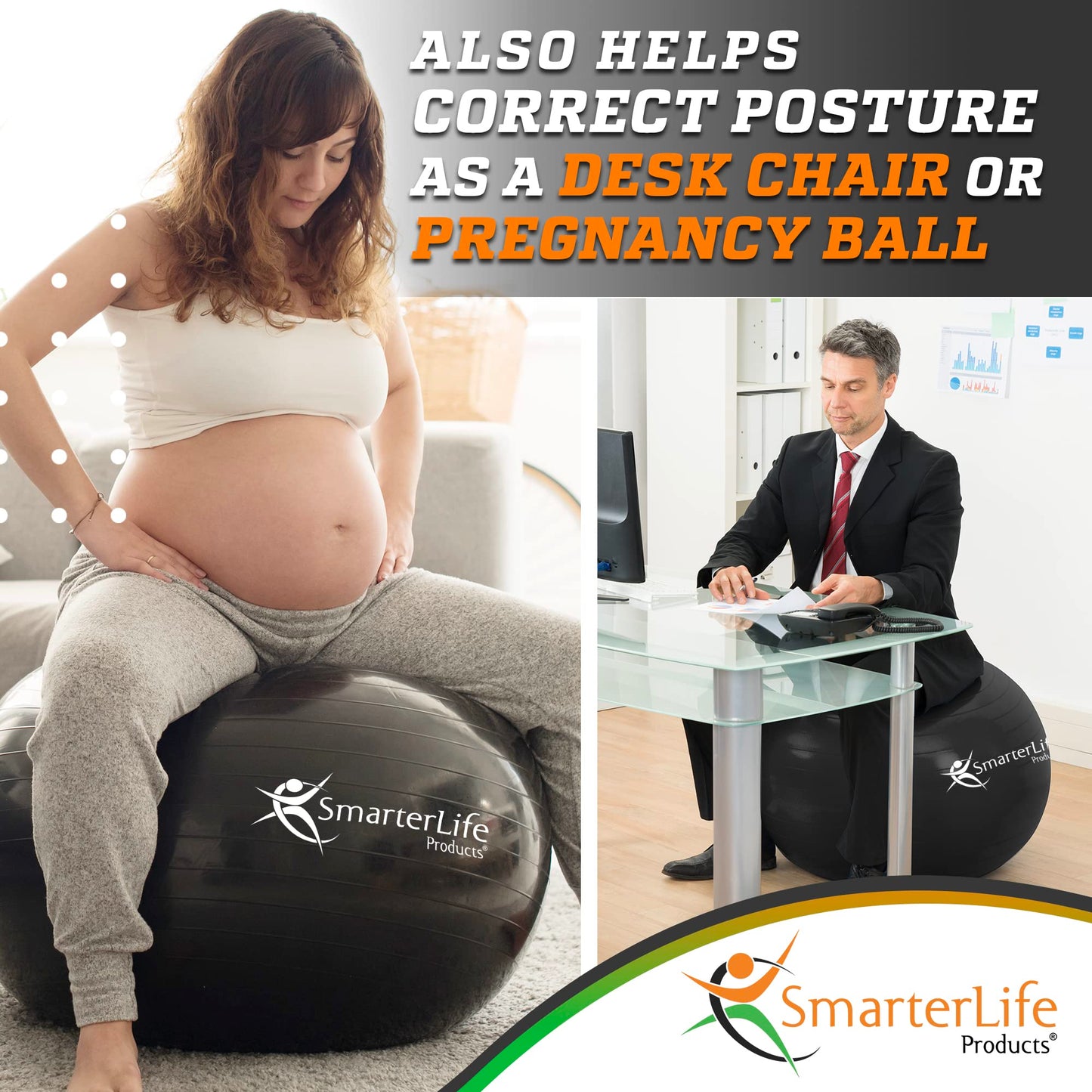 SmarterLife Workout Exercise Ball for Fitness, Yoga, Balance, Stability, or Birthing, Great as Yoga Ball Chair for Office or Exercise Gym Equipment for Home, No-Slip Design (45 cm, Black)