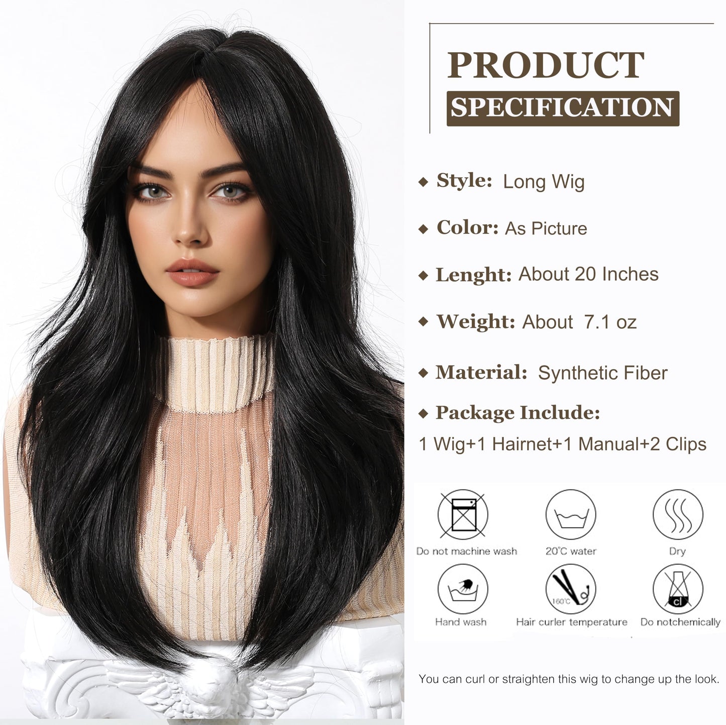 Esmee Long Straight Dark Brown Wig for Women with Curtain Bangs Natural Synthetic Hair Wigs for Daily Party Use 20 Inches