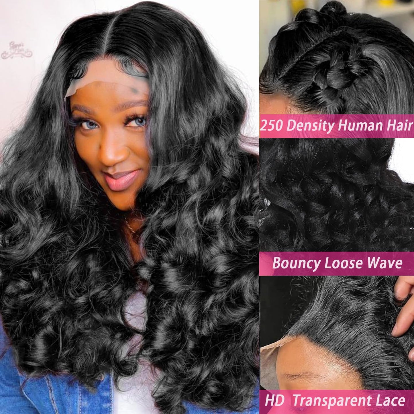 250 Density HD Lace Front Wigs Human Hair Loose Wave 13x4 Lace Front Wigs Human Hair Glueless Transparent Bouncy Body Wave Lace Frontal Wigs For Black Women Pre Plucked with Baby Hair 22 Inch