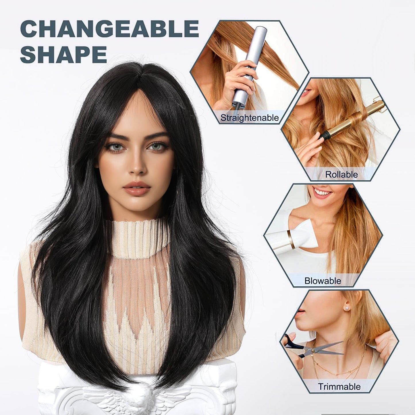 Esmee Long Straight Dark Brown Wig for Women with Curtain Bangs Natural Synthetic Hair Wigs for Daily Party Use 20 Inches