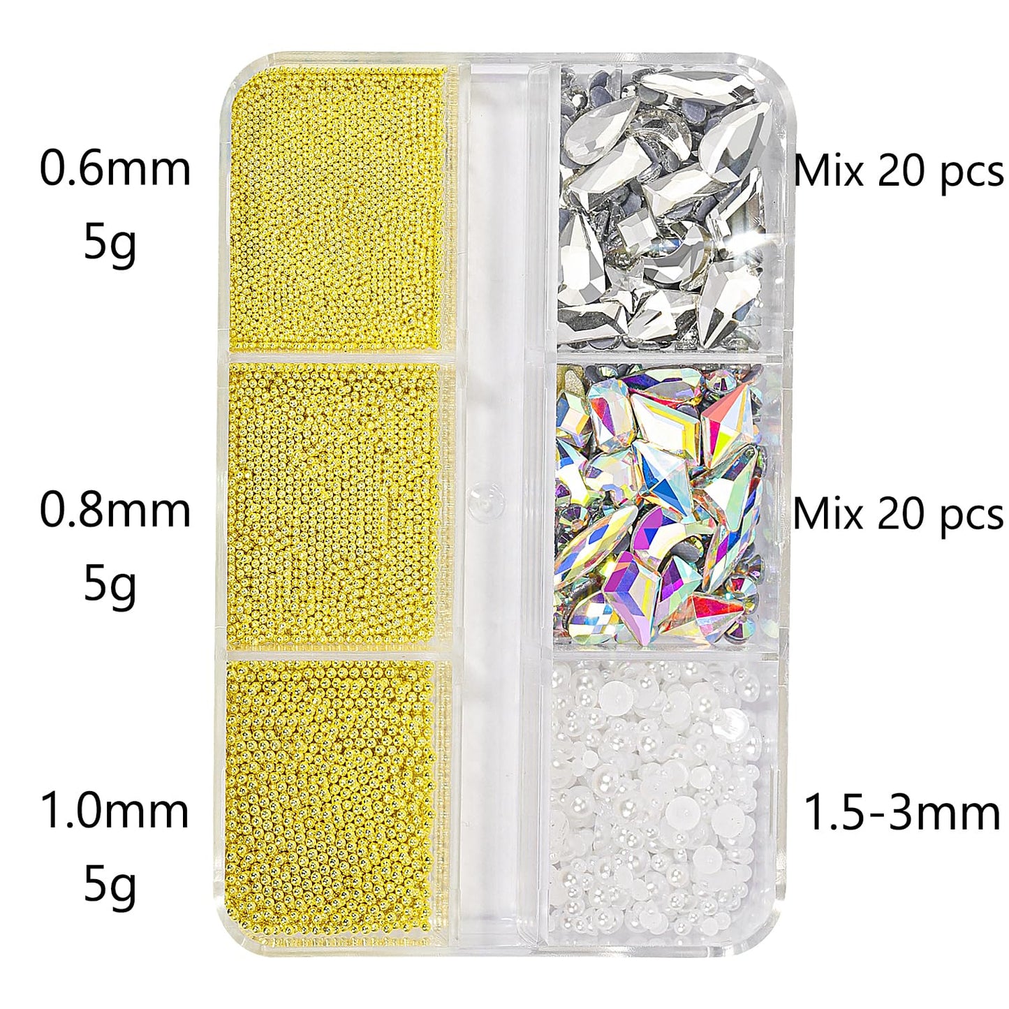3D Nail Art Charms Gold Nail Micro Caviar Beads Rhinestones for Acrylic Nails Mix Size Multishape AB Nail Rhinestones Nail Crystal Studs Flatback Pearl Kit for Nail DIY Craft Decoration