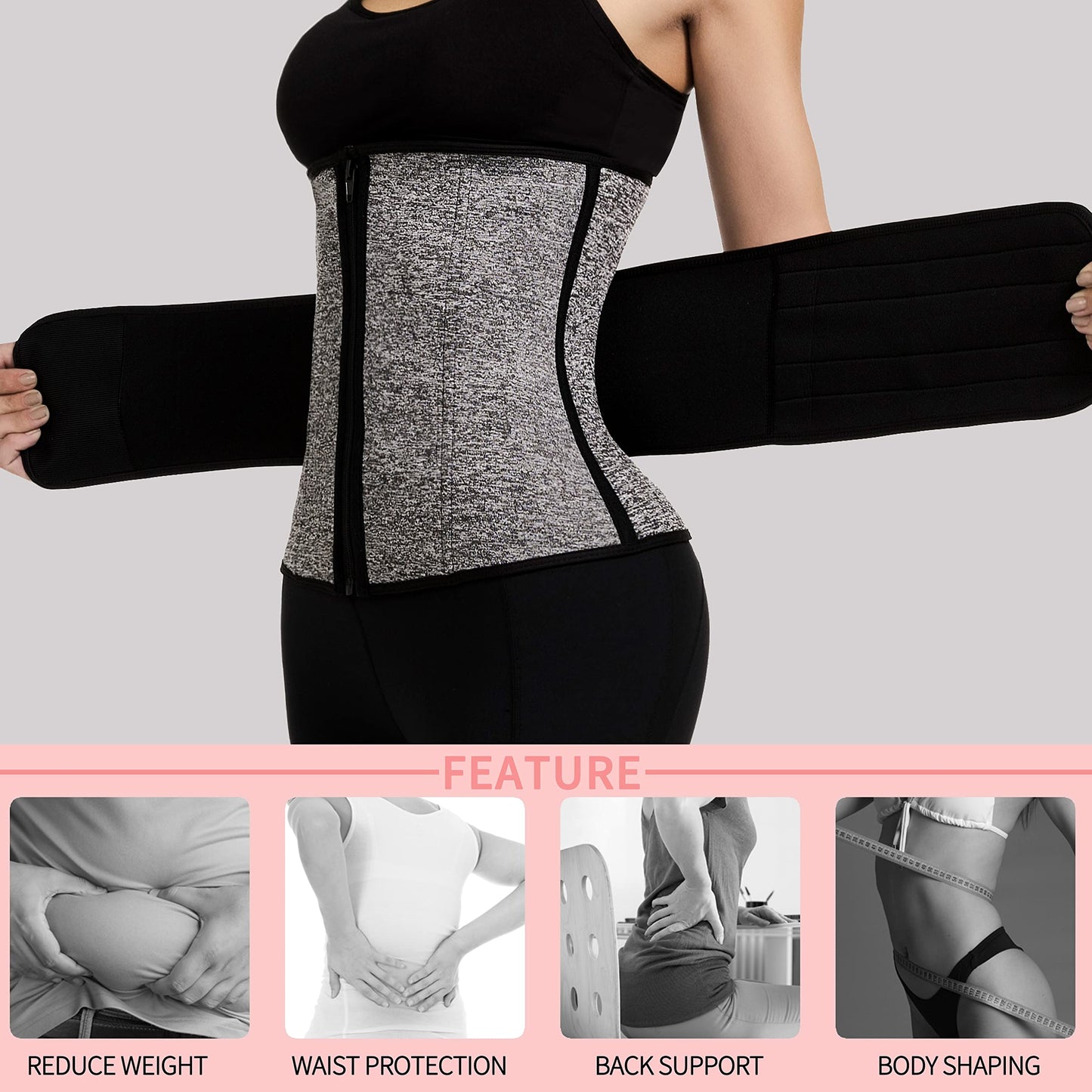 KIWI RATA 2 in 1 Neoprene Sauna Waist Trainer Corset Sweat Belt for Women Tummy Control Bands Compression Workout Fitness Trimmer,#1 Zipper Grey,Small