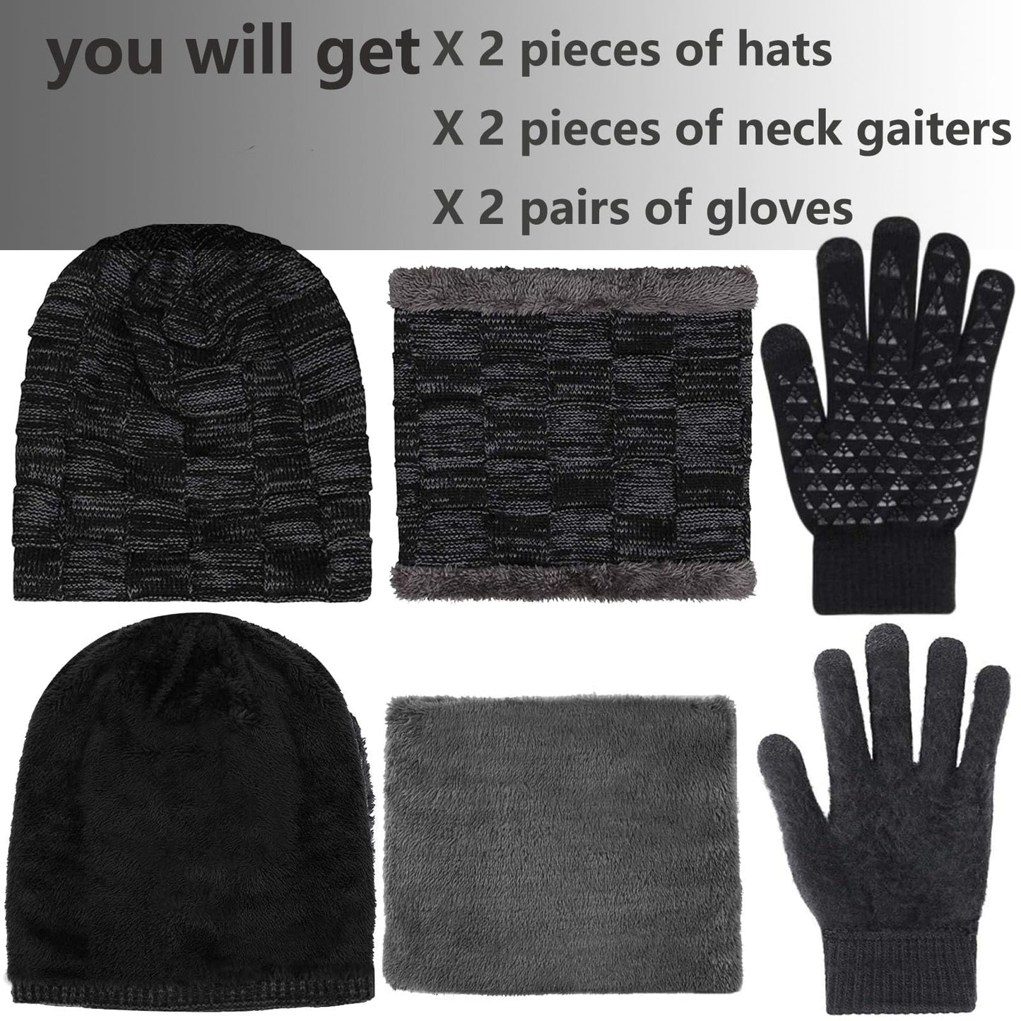 ABUDDER 6 Pieces Winter Beanie Hat Gloves Scarf Set for Men Women,Knit Fleece Lined Winter Hat Touchscreen Gloves Neck Warmer Set for Cold Weather