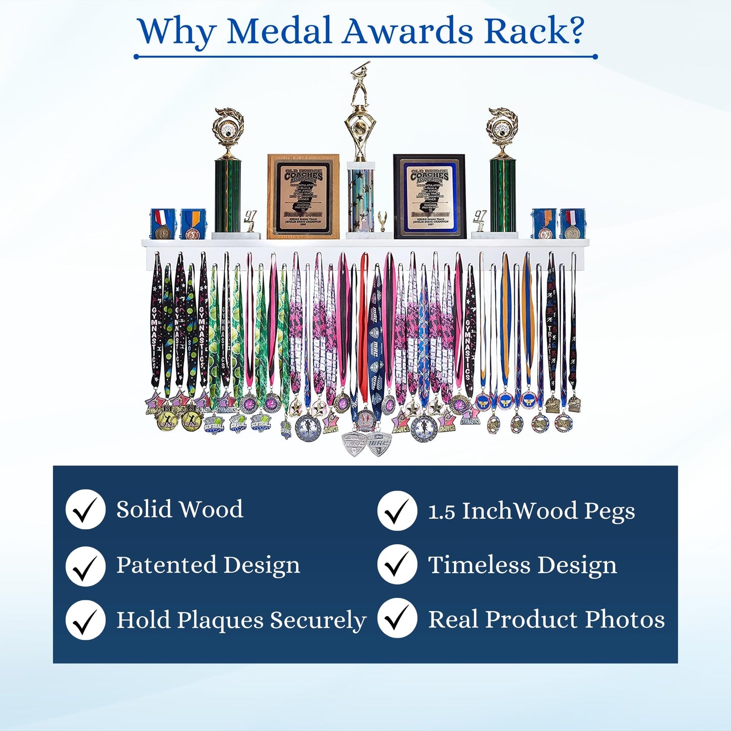 46.5"- Medal Awards Rack- The Largest Trophy Shelf and Medal Hanger Display - Multi-Sport Trophy and Medal Holder for Medal Display, Plaques, Pictures, Trophies, and More Solid Wood