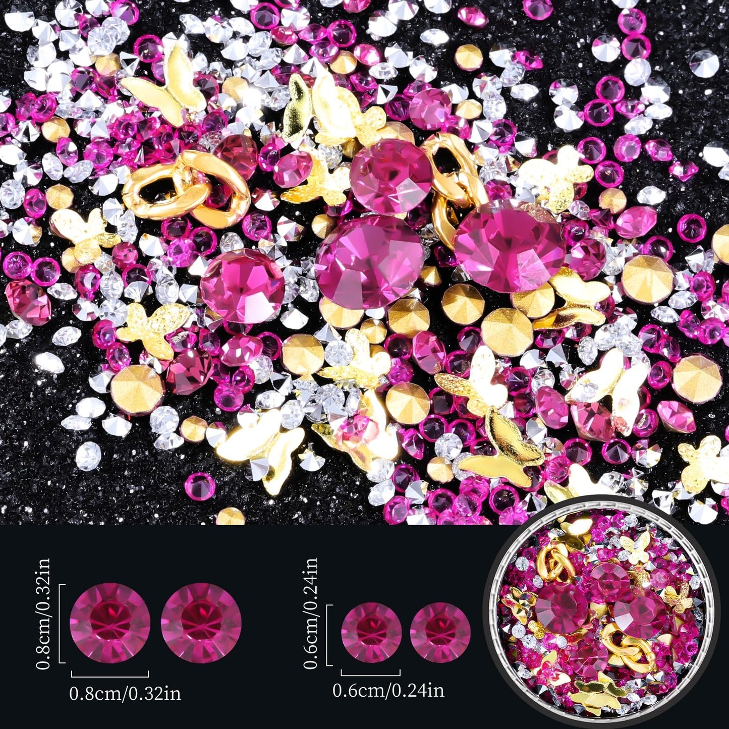 6 Wheels Mixed Sparkle Nail Art Rhinestones Diamonds Crystals Butterfly Beads Artificial Pearls Gold Silver Nail Studs Gems Metal Hollow Rivets Charms (Hot Pink)