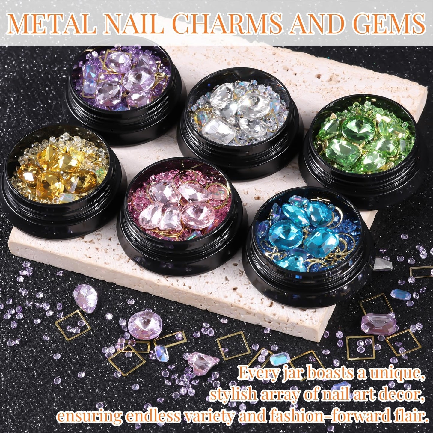 6 Wheels Mixed Sparkle Nail Art Rhinestones Diamonds Crystals Butterfly Beads Artificial Pearls Gold Silver Nail Studs Gems Metal Hollow Rivets Charms (Kit-4)