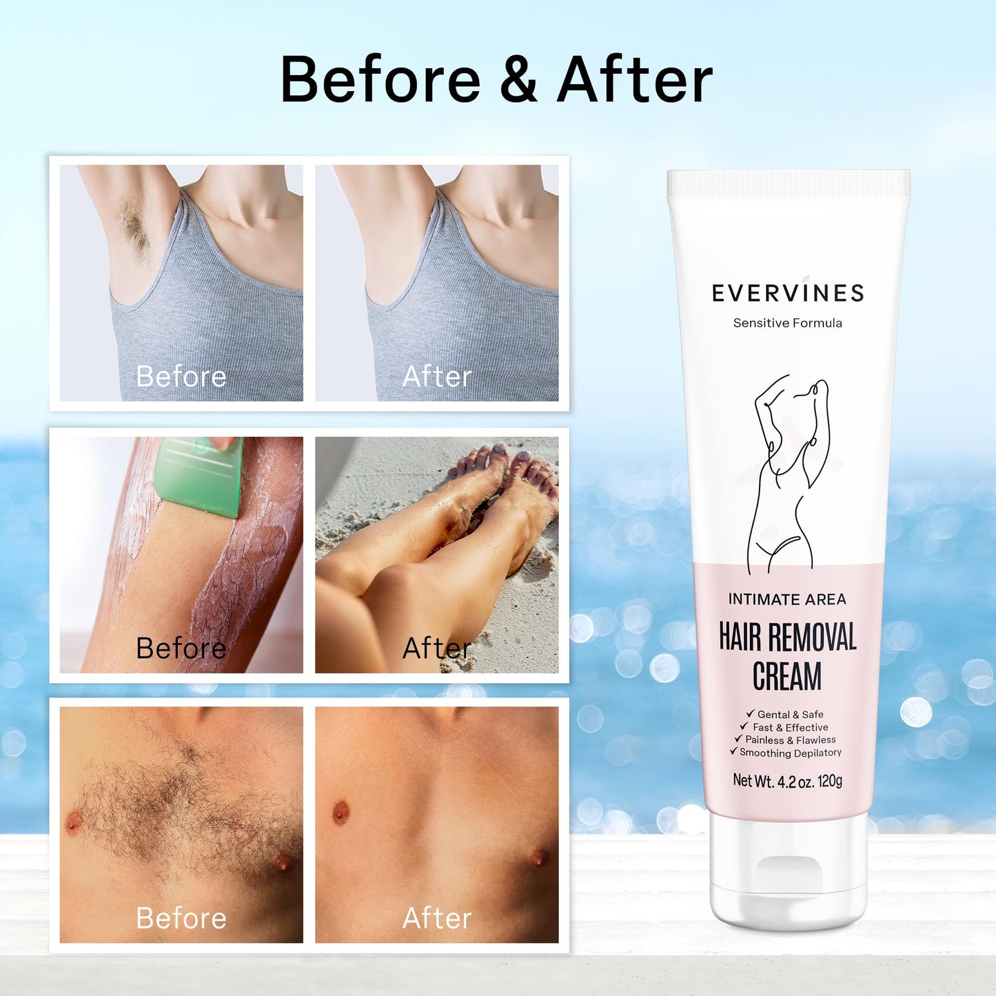 Evervines hair removal cream for women: whole body intimate bikini line face leg underarm area depilatory - home travel use with scraper (4.2oz).