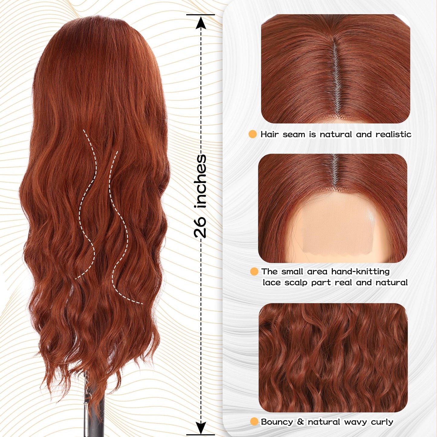 NAYOO Long Wavy Wigs for Women 26 Inch Middle Part Curly Wig Synthetic Heat Resistant Fiber Women Wigs for Daily Party Use (Auburn-2)