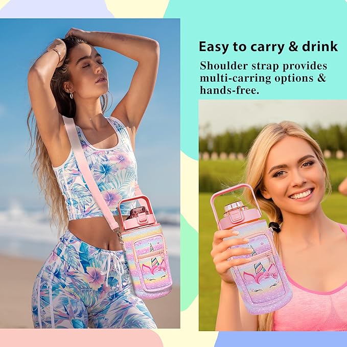 64 oz Water Bottle with Straw Sleeve & Strap Motivational Half Gallon Water Jug with Handle for Gym Women Men Aesthetic Water Bottle with Strap Unicorn