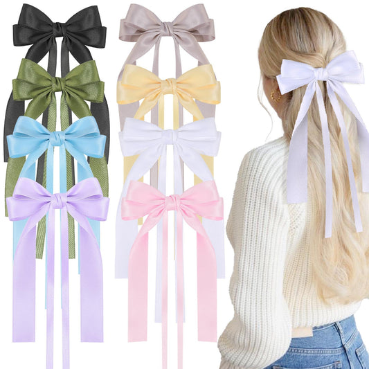 8 PCS Big Hair Bows for Women Girls,TOKUFAGU Large Hair Ribbon Bow Barrette Clips for Girls,Hair Bows with Long Tail Vintage French Hair Accessories for Women