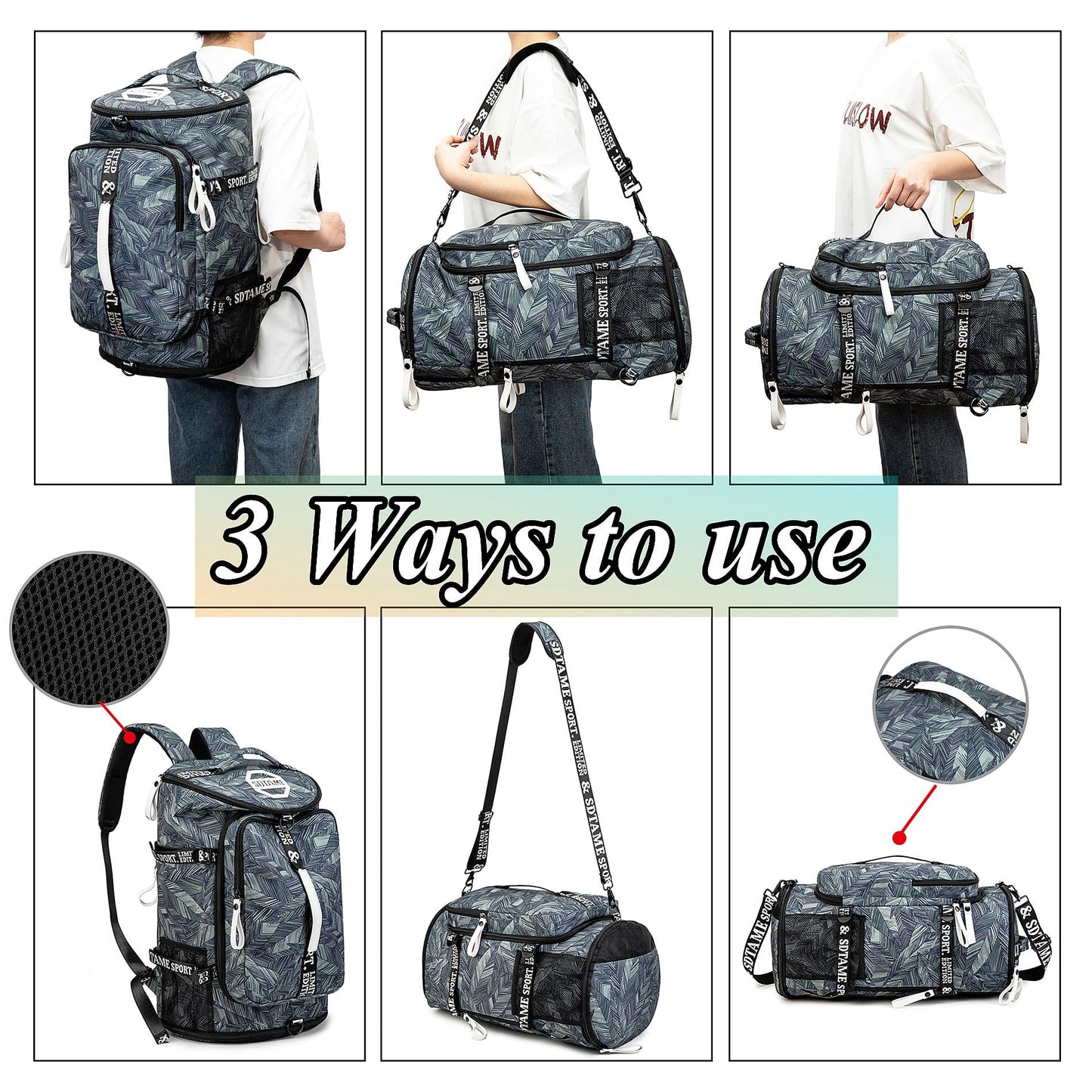 Gym Duffle Bag Backpack with Shoe Compartment,4 ways Travel Backpack for Women and Men,Multi-Functional Weekender bag with Waterproof Layer&Laptop Compartment for Fitness, Travel,Camping(Silver)