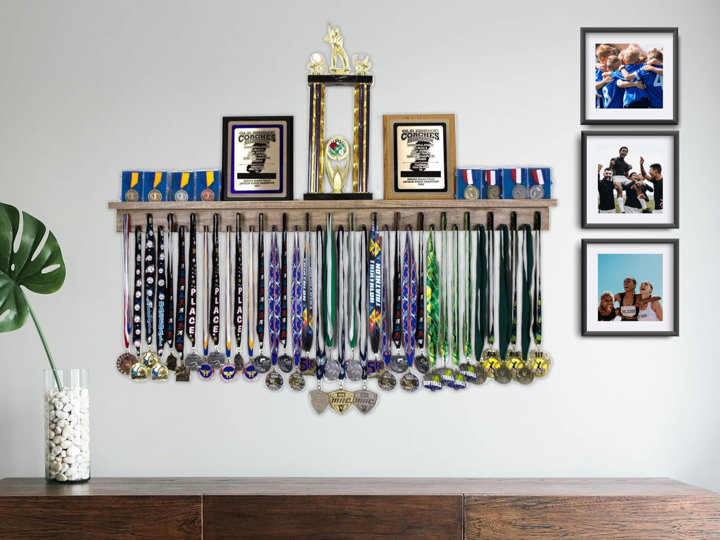 46.5"- Medal Awards Rack- The Largest Trophy Shelf and Medal Hanger Display - Multi-Sport Trophy and Medal Holder for Medal Display, Plaques, Pictures, Trophies, and More. Solid Wood