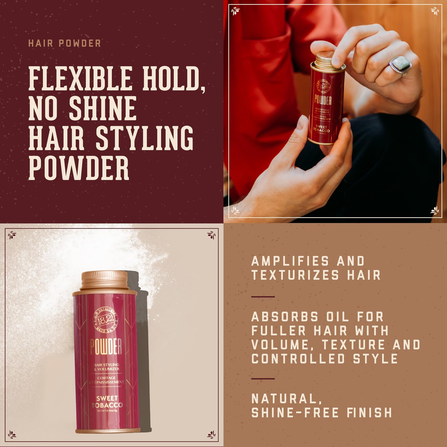 18.21 Man Made Hair Styling Powder for Men, Adds Volume, Texture, and Absorbs Oil with a Matte Finish, Flexible Hold, and Bold Sweet Tobacco Scent