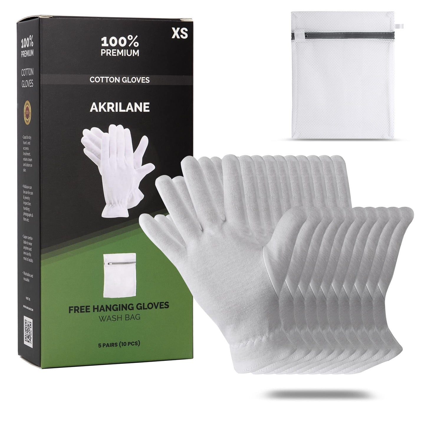 XS Extra Small 5 Pairs 100% Premium Cotton Gloves for Dry Hands | Moisturizing Overnight Gloves for Eczema, Psoriasis & Skin Spa Treatment for Women & Men | Washable & Reusable with Free Laundry Bag