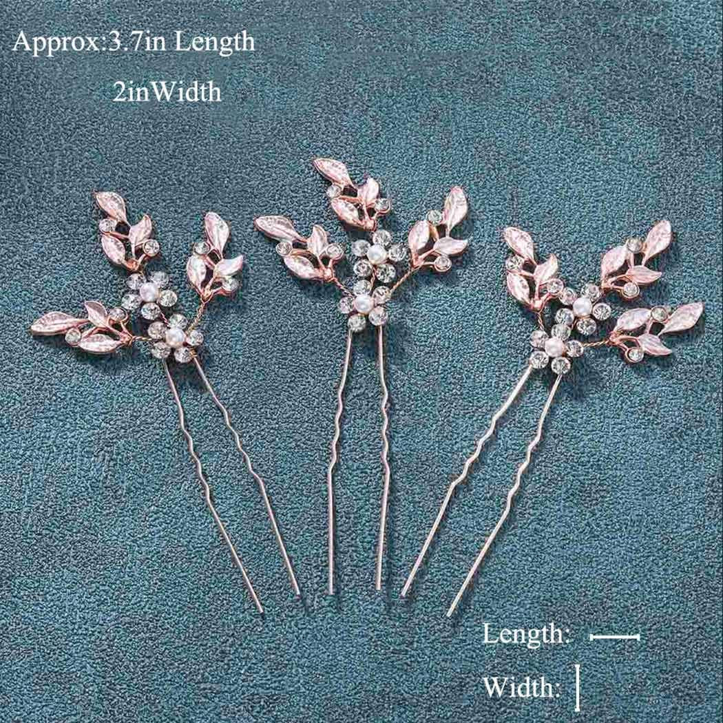 Heread Leaf Bride Wedding Hair Pins Crystal Bridal Head Dress Pearl Hair Accessories for Women and Girls (Pack of 3) (A Rose Gold)