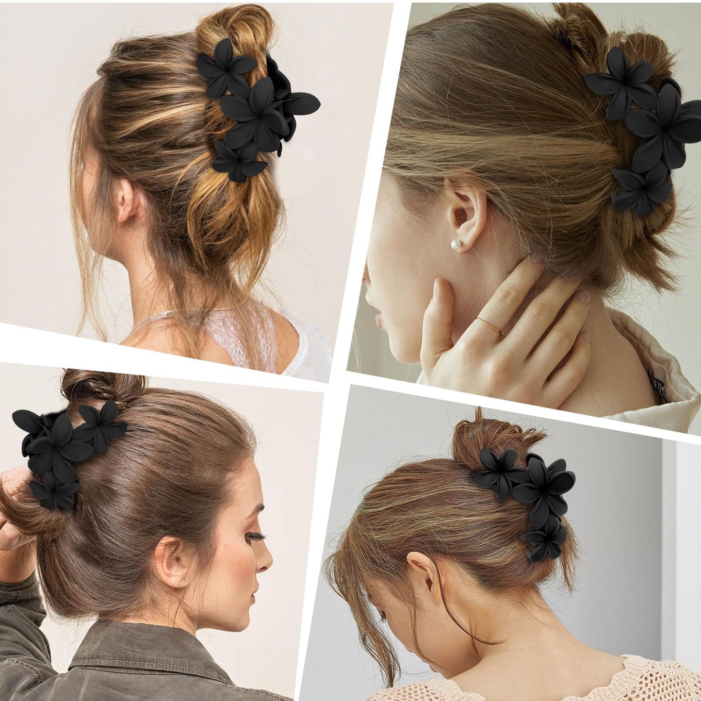 4PCS Matte Flower Hair Clips - Non-Slip Large Plumeria Clips for Thick Hair, Strong Hold for Women and Girls (Black)