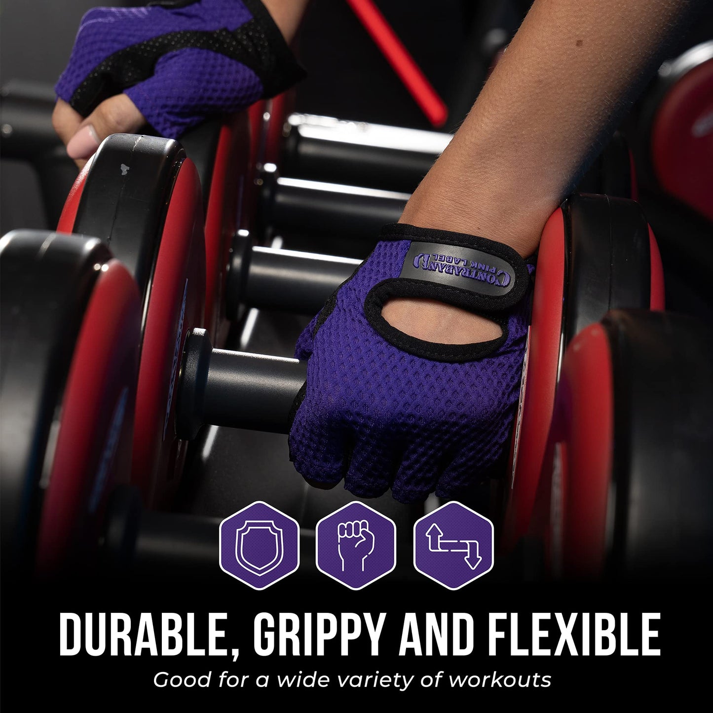 Contraband Pink Label 5307 Womens Designer Workout Gloves | Low Sweat Diamond Mesh Fabric w/Grip-Lock⢠Silicone Palm (Purple, X-Small)