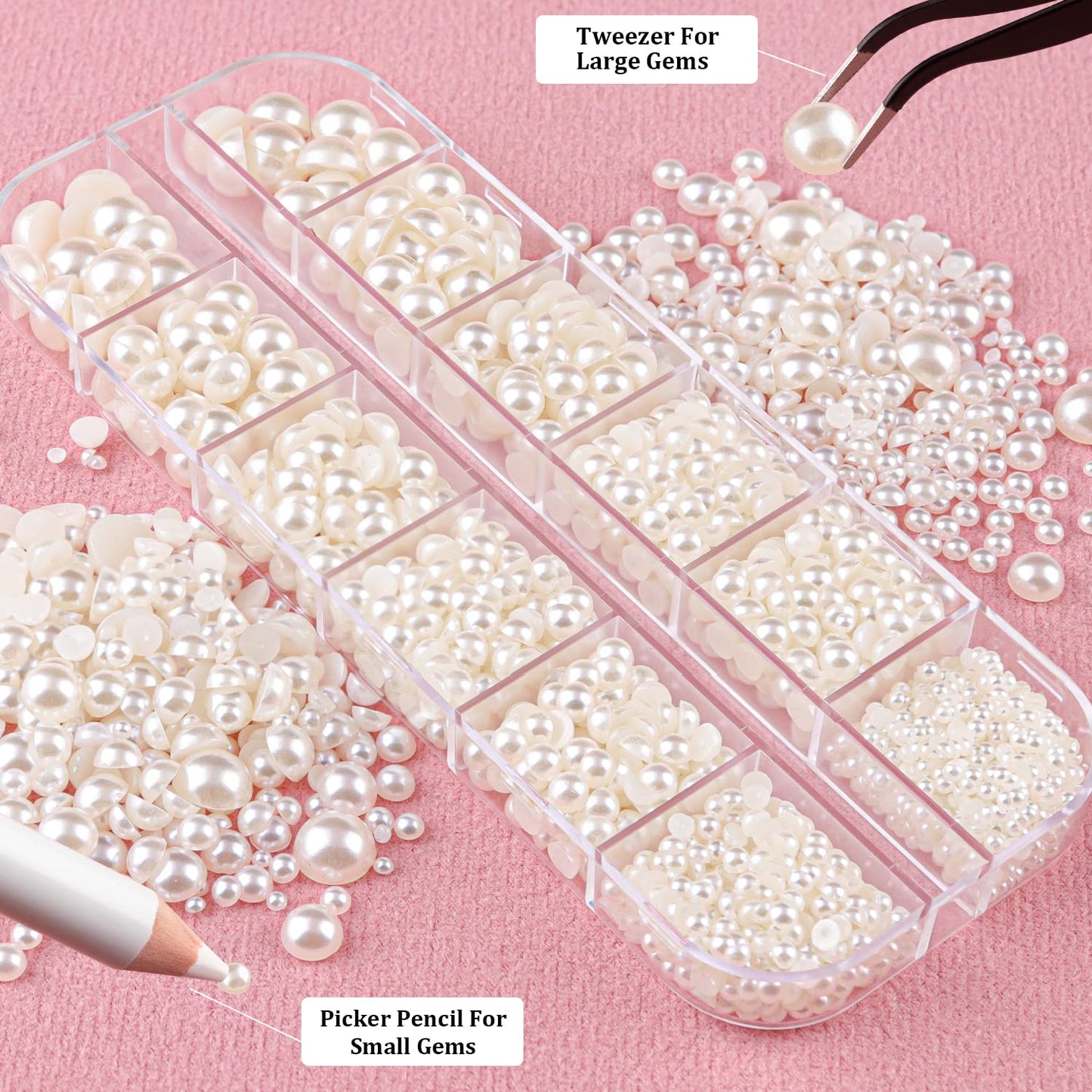 2700 Pcs Flat Back Pearls Kits 1 Box of Flatback White+1 Box of Beige Half Round Pearls with Pickup Pencil and Tweezer for Home DIY and Professional Nail Art, Face Makeup and Craft