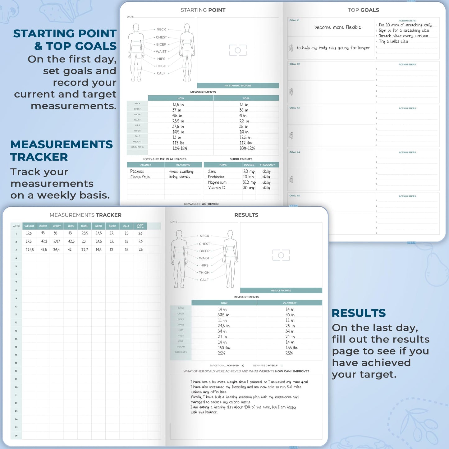 Clever Fox Food Journal Pro – Diet & Wellness Planner for Women & Men – Weight Loss Diary with Calorie Tracker – Food Log for Tracking Meals, Exercise & Weightloss - Undated, 7" x 10" Light Blue
