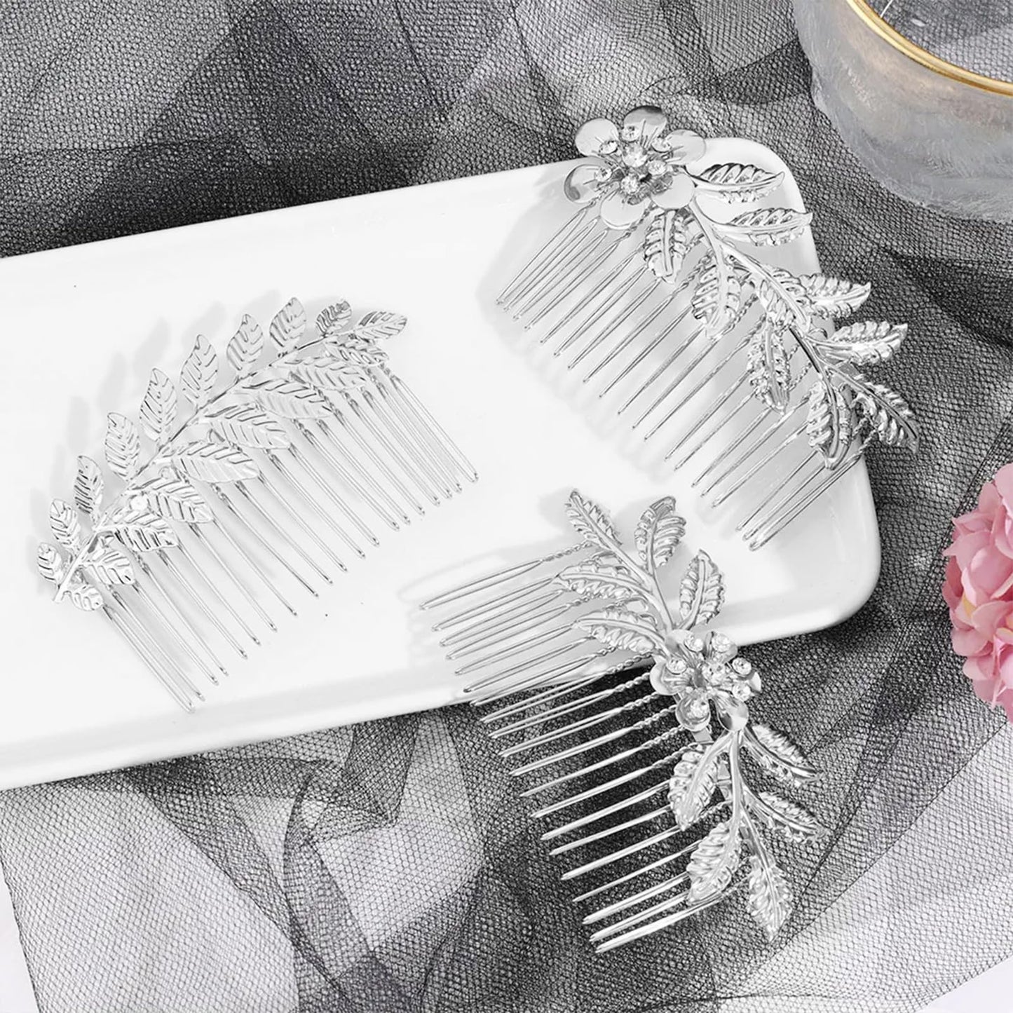 8 Pack Leaf Hair Side Combs for Women Girl, Bridal Metal Decorative Hair Comb Clips, French Twist Hair Slide Comb for Wedding Hair Accessories(Silver)