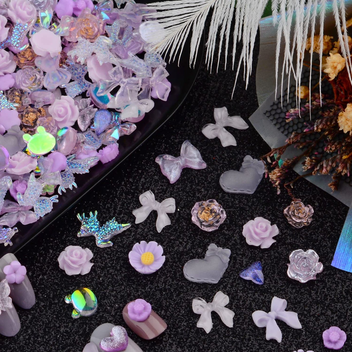 Sinyanail 300pcs Nail Art Charms Kit,Over 100pcs Mixshape Resin Gems and 100 pcs Mixed Flatback Nail Rhinestones Pearls with Over 100pcs Sequins for Women's Manicure Making(Purple)