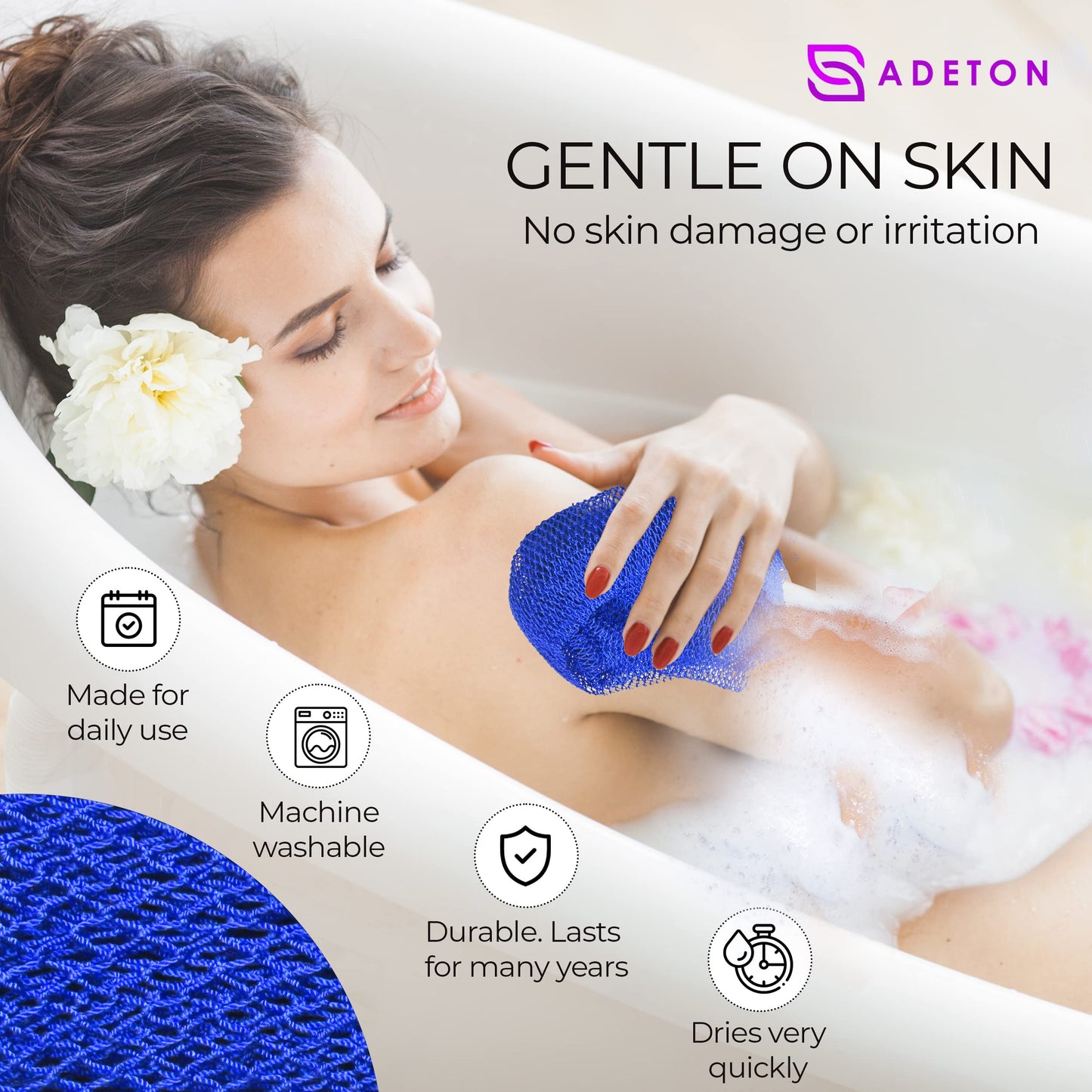 Adeton African Exfoliating Net Sponges, Authentic, Real, Body Scrubber, Long Wash Cloth, Body Exfoliator, 17 Colors, Sapo, Shower Accessories, Back Foot Scalp Scrub, Flat Dead Skin Remover (Navy Blue)