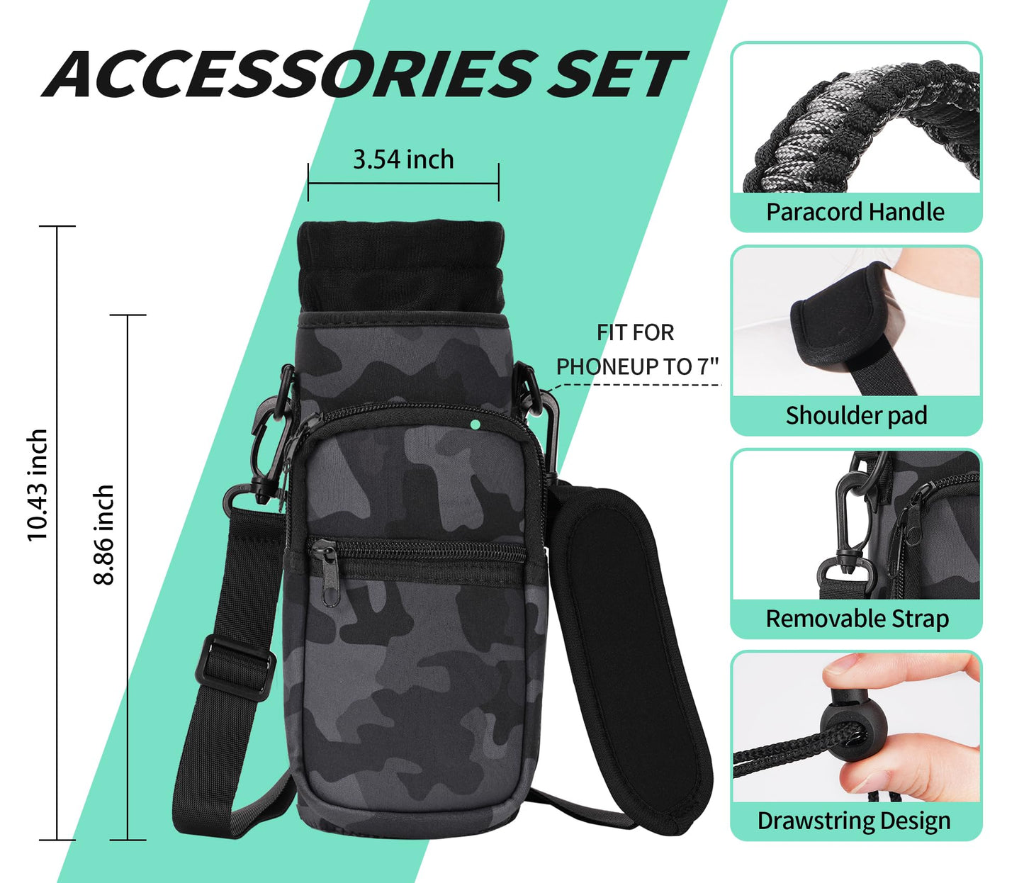 AceTreker Water Bottle Sleeve, 32 oz 40 oz Water Bottle Holder with Strap & Paracord Handle, Neoprene Insulated Carrier Sling Bag with Phone Pocket for Walking Hiking Sport-Gray Camo