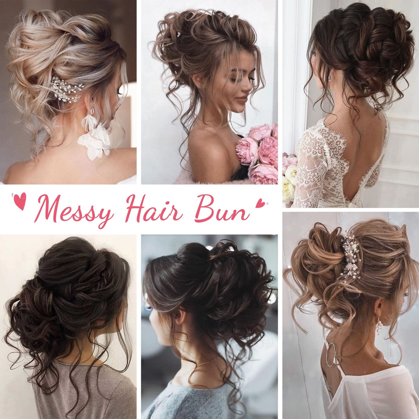 HOOJIH 2PCS Messy Bun Hair Piece, Tousled Updo with Tendrils Hair Bun Extensions Wavy Curly Hair Wrap Ponytail Hairpieces Hair Scrunchies for Women HB010 Dasiy - Ash Brown