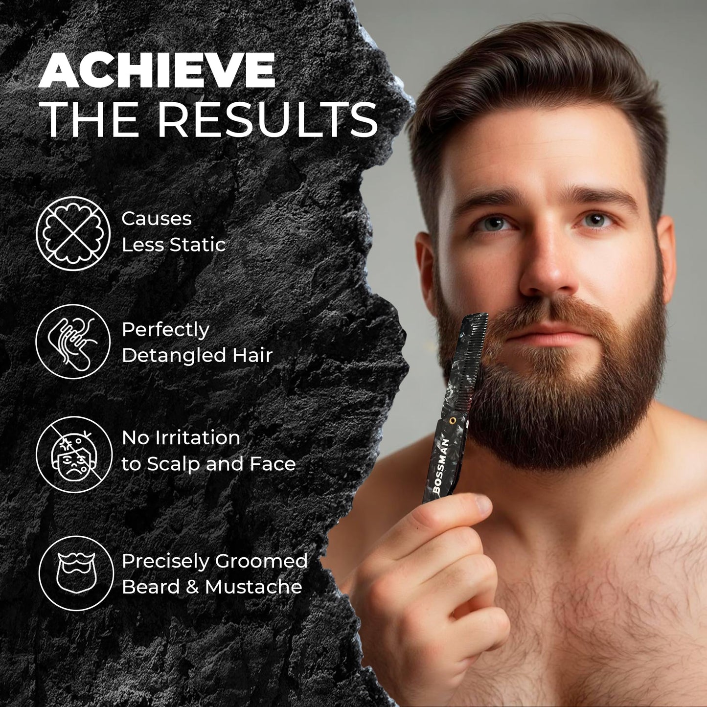 Bossman MUDstache Unscented Mustache Wax for Men & Acetate Folding Comb - Styling and Grooming Combo