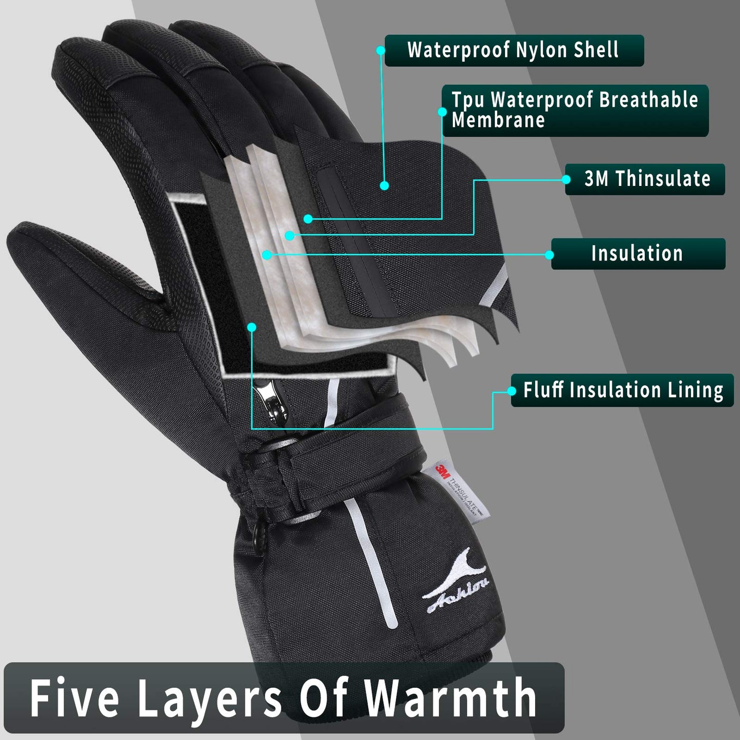 Achiou Ski Snow Gloves Waterproof Touchscreen Winter Warm for Men Women with Portable pocket