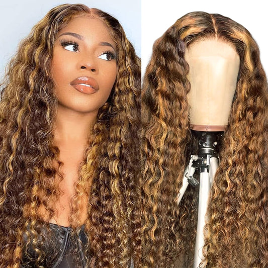 AAKJJ 4/27 Deep Wave Human Hair Wig, Highlight Ombre Color, 13x4 HD Transparent Lace Front Wig, 200 Density, Pre-Plucked Hairline with Baby Hair, Glueless, for Women 30 Inch