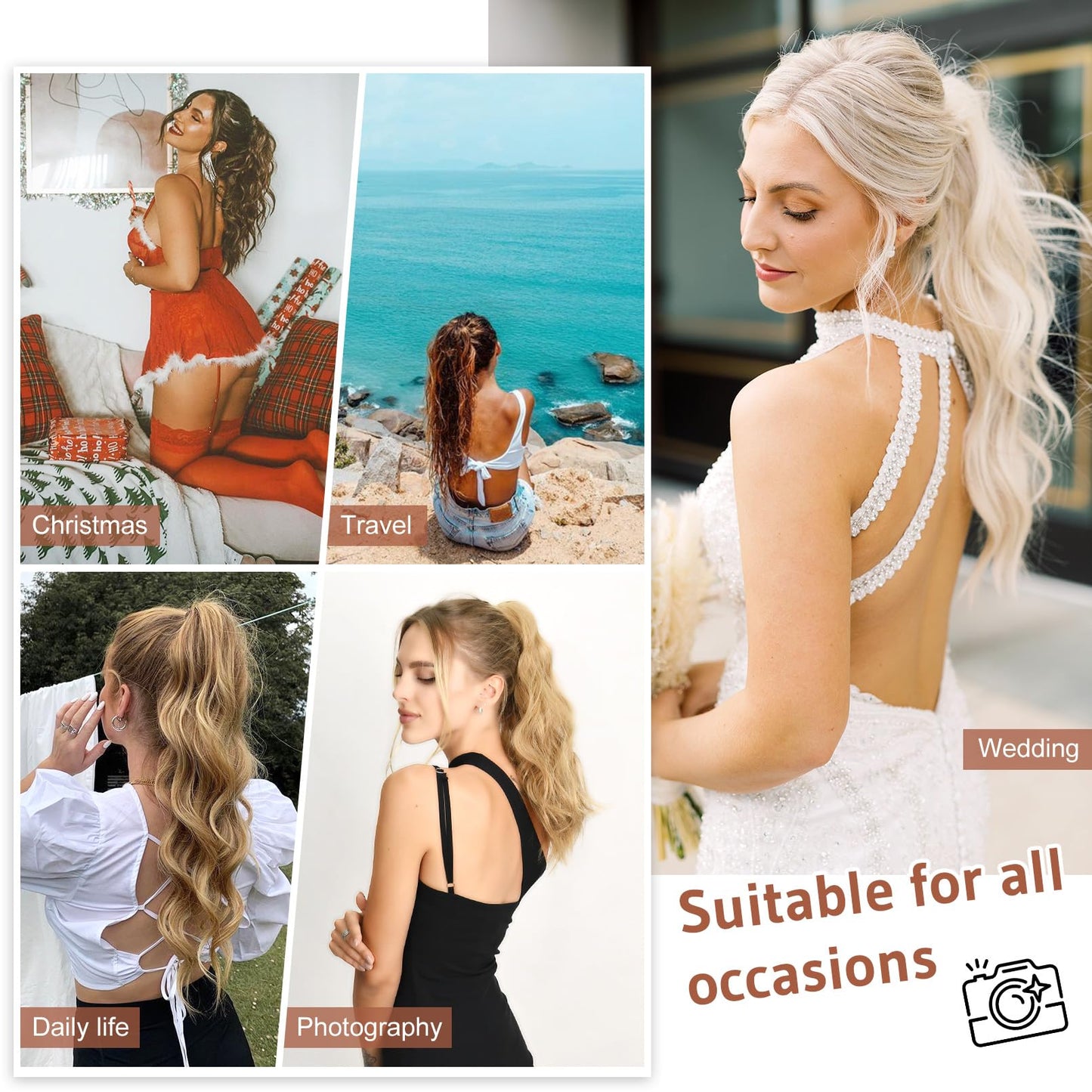 FLUFYMOOZ Ponytail Extension, 18 Inch Claw Clip Ponytail Extension, Wavy Curly Claw Clip in Ponytail Hair Extensions, Natural Fake Ponytail Synthetic Hairpiece for Women (Cool Brown with Blonde Highlights)