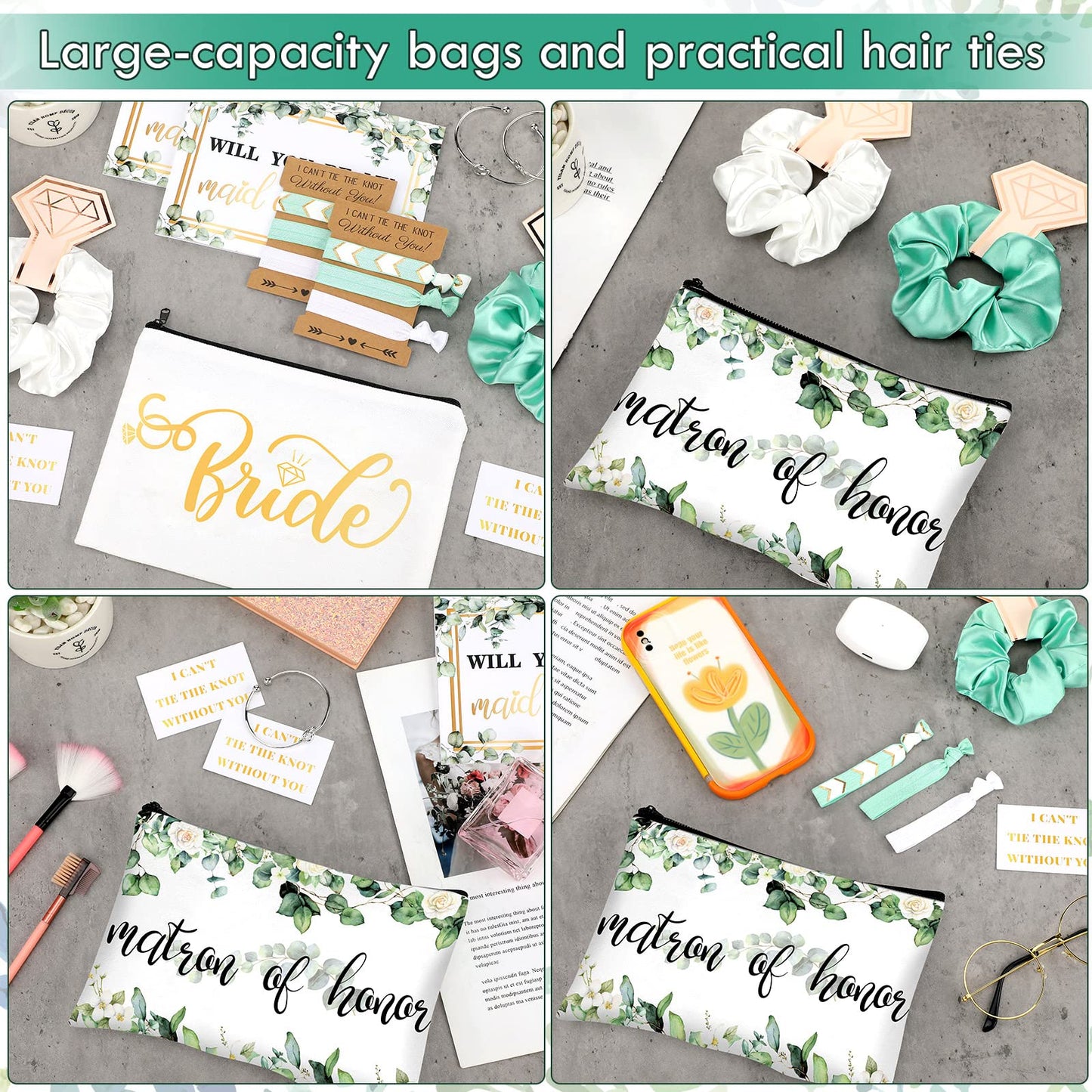 63 Pcs Bride Bridesmaid Proposal Gift Maid of Honor Gifts Matron of Honor Gifts Brides Bridesmaid Cosmetic Makeup Bag Hair Knotted Bracelets Invitation Cards for Wedding Bachelorette (Leaves Style)