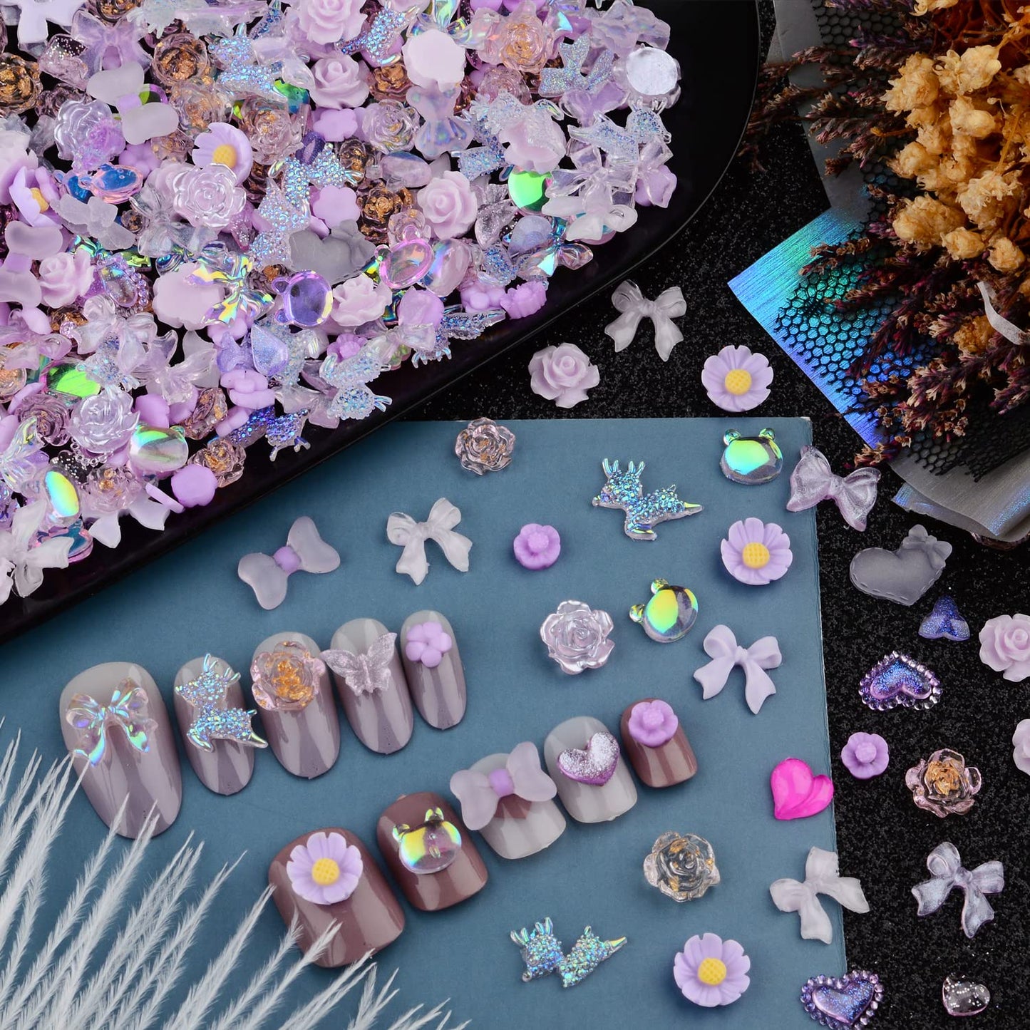 Sinyanail 300pcs Nail Art Charms Kit,Over 100pcs Mixshape Resin Gems and 100 pcs Mixed Flatback Nail Rhinestones Pearls with Over 100pcs Sequins for Women's Manicure Making(Purple)
