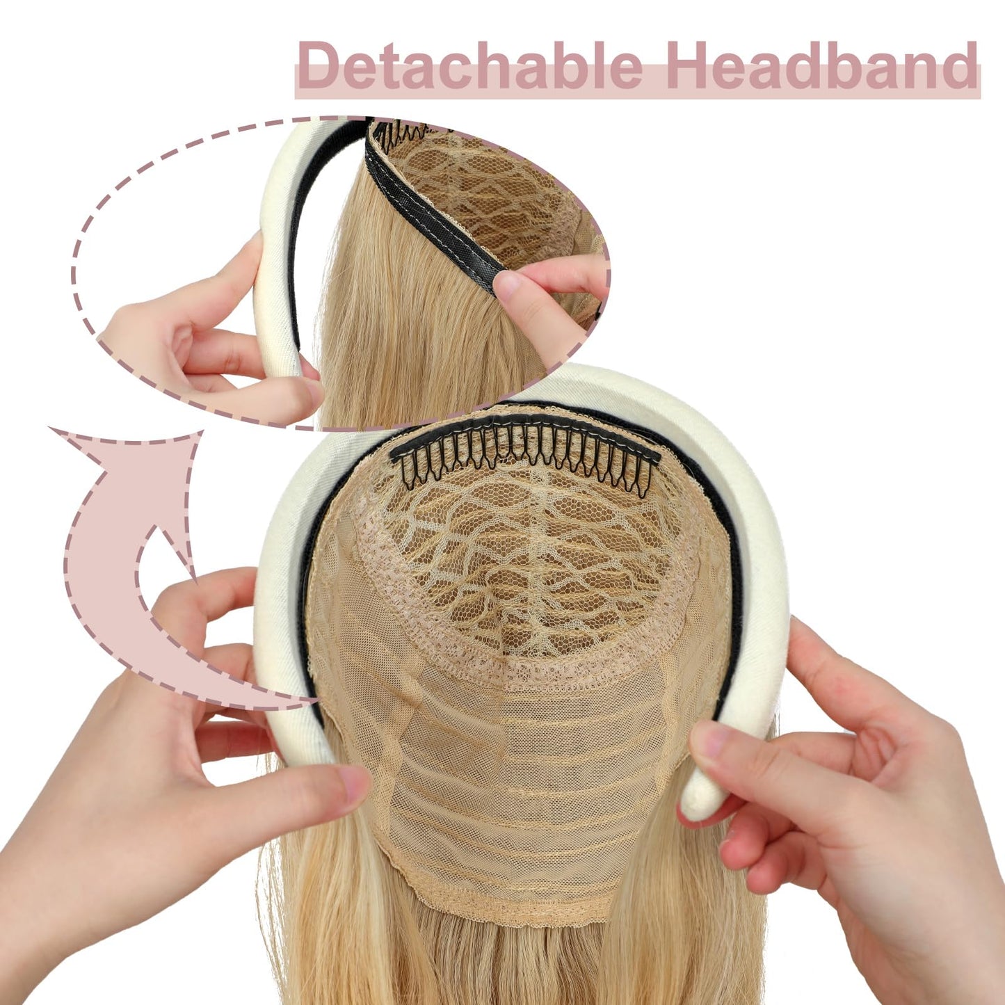 Soulwigger 22 inch Synthetic Beige Headband Hair Wig Curly Body Wave Glueless Ash Blonde mix Bleach Blonde Wigs For Women With None Lace Front