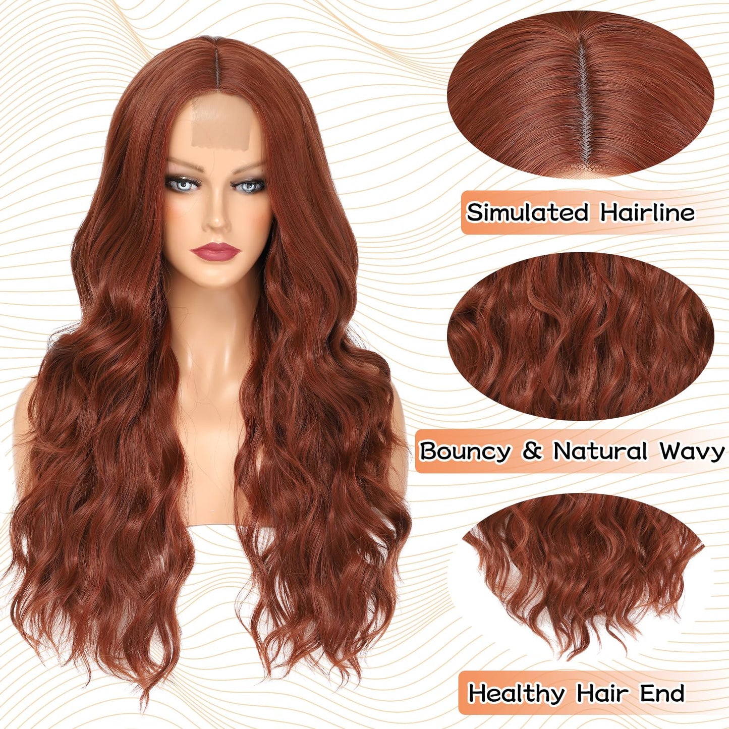 NAYOO Long Wavy Wigs for Women 26 Inch Middle Part Curly Wig Synthetic Heat Resistant Fiber Women Wigs for Daily Party Use (Auburn-2)