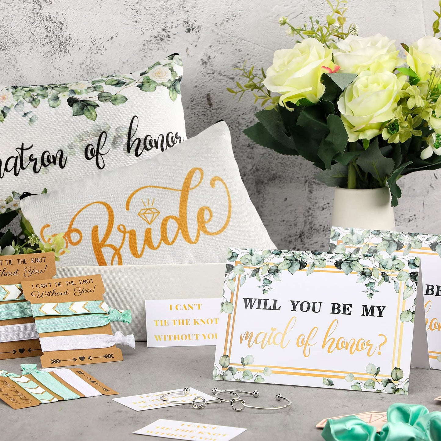 63 Pcs Bride Bridesmaid Proposal Gift Maid of Honor Gifts Matron of Honor Gifts Brides Bridesmaid Cosmetic Makeup Bag Hair Knotted Bracelets Invitation Cards for Wedding Bachelorette (Leaves Style)