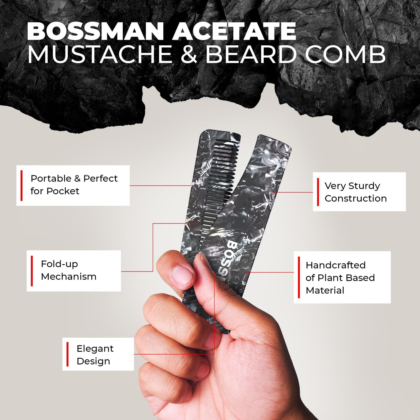 Bossman MUDstache Unscented Mustache Wax for Men & Acetate Folding Comb - Styling and Grooming Combo