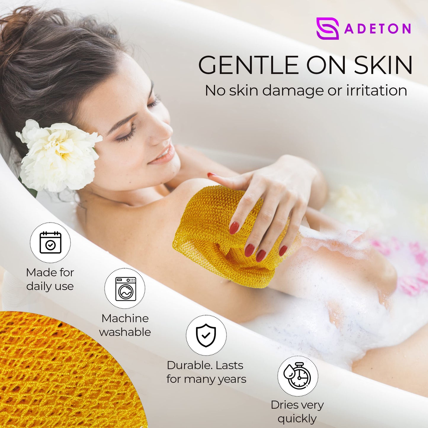 Adeton Sapo African Net Sponge, Authentic, Real, Exfoliating Bath Wash Cloth, Body Exfoliator, Long Sponge, Real, Shower Bath Accessories, Back Foot Scalp Scrub, Flat Dead Skin Remover (Golden Yellow)