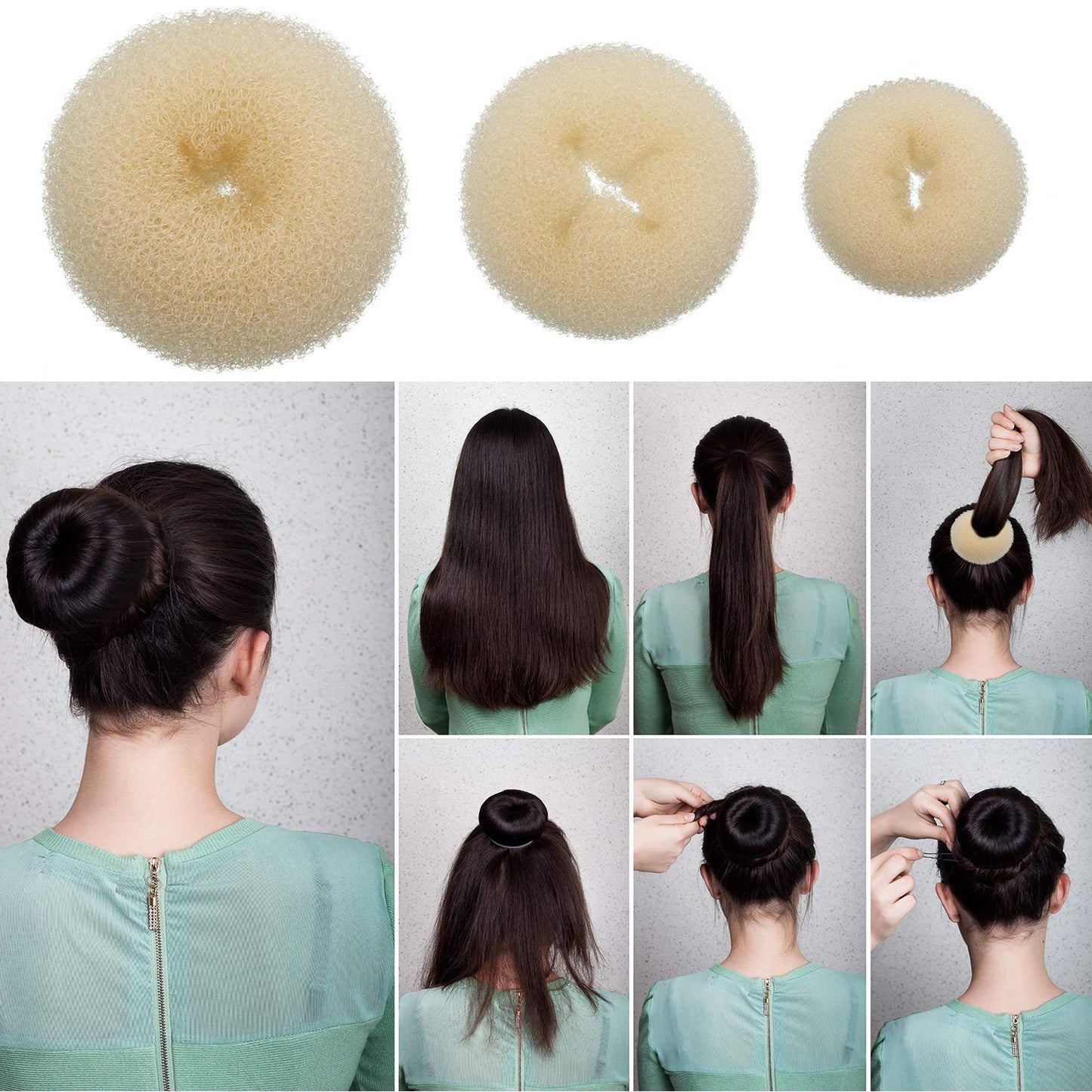 Hair Bun Maker Kit, Includes Donut Shapers, Bun Markers, Ponytail Tools, Bobby Pins, and Elastic Bands for Women and Kids (Beige)