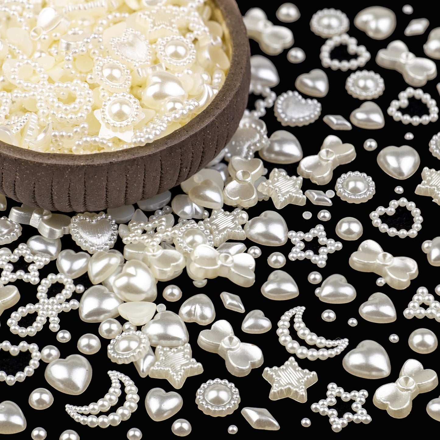 600Pcs 3D Multi Shapes Nail Charms and Flatback Pearls, Beige Mix Styles Heart Star Bow Sunflower Embellishments for Nail Art, Craft and Decoration with Tweezer and Pickup Pencil